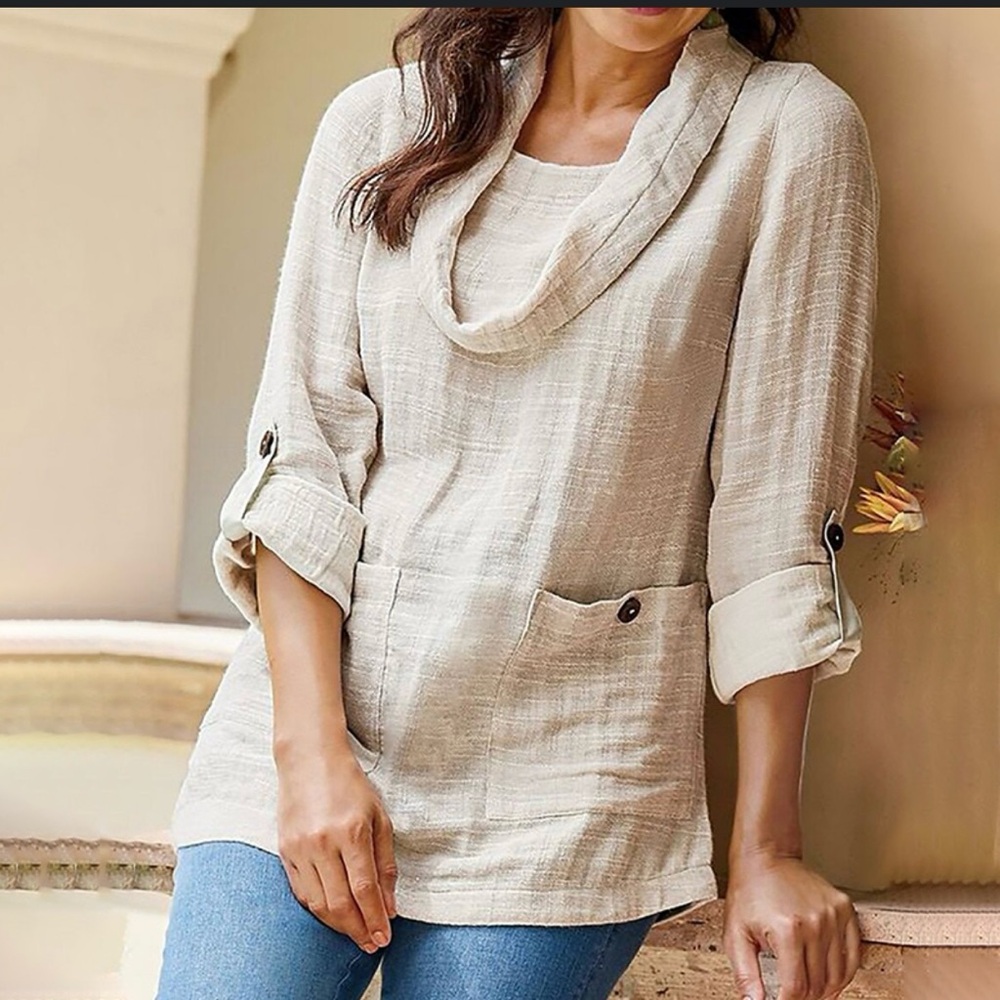 Soft Surroundings Linen Cotton Blend Oversized Cowl Neck Pockets Cream Top XS